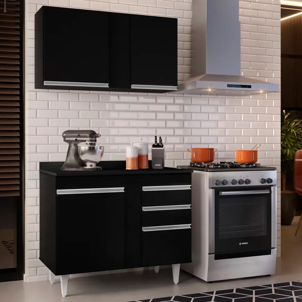 Kit Armário Aéreo e Balcão de Cozinha Lavanderia Aurora com Tampo 100 cm - D'Rossi - Preto