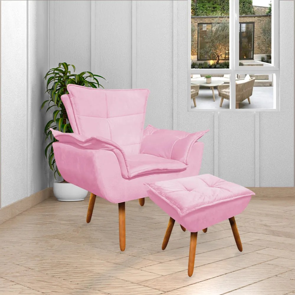Puff Decorativo Pés Palito Charger Suede Rosa G19 - Gran Belo