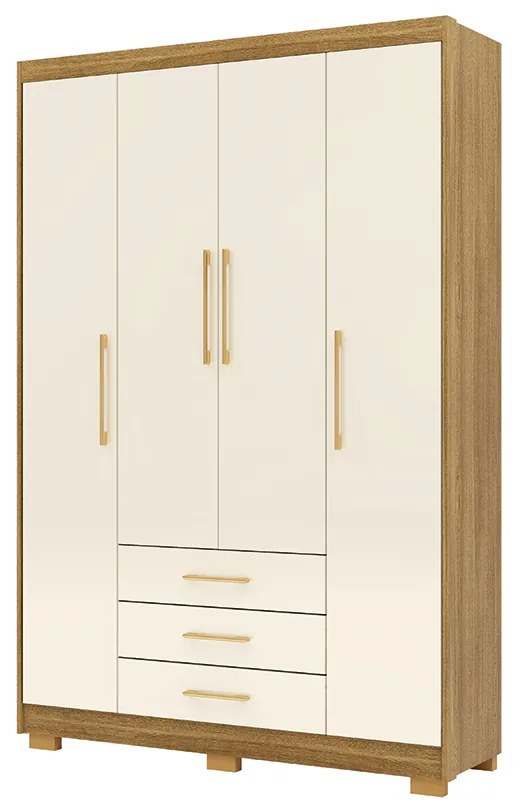 Guarda Roupa Solteiro Linna 150cm 4 Portas de Bater 3 Gavetas Nature/OffWhite G98 - Gran Belo