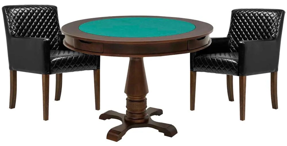 Mesa de Jogos Carteado Victoria Redonda Tampo Reversível Imbuia com 2 Cadeiras Liverpool PU Sintético Preto Matelassê G36 G15 - Gran Belo