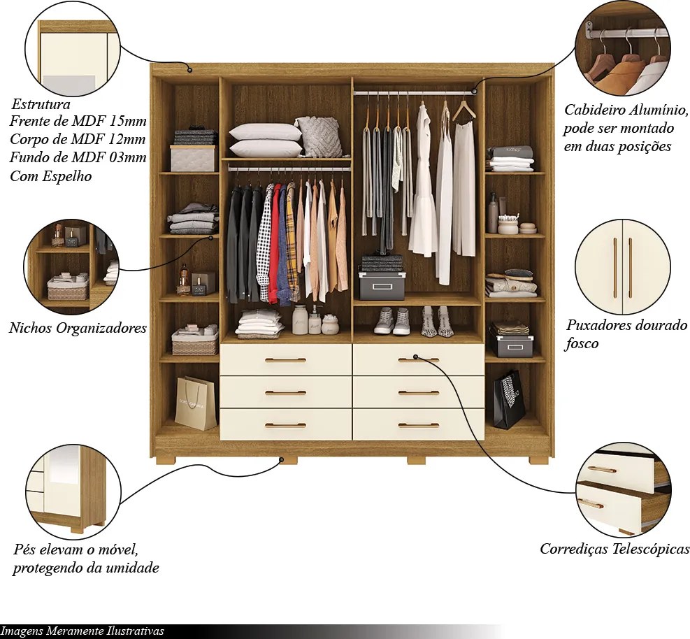 Guarda Roupa Dunas Casal 6 Portas de Bater 2 Com Espelhos 6 Gavetas MDF Nature/OffWhite G98 - Gran Belo