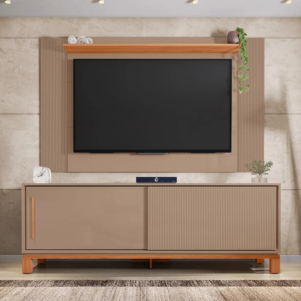 Painel TV 65 Pol 180cm com Rack Bancada para Sala Visari C01 - D'Rossi - Marrom/Freijó