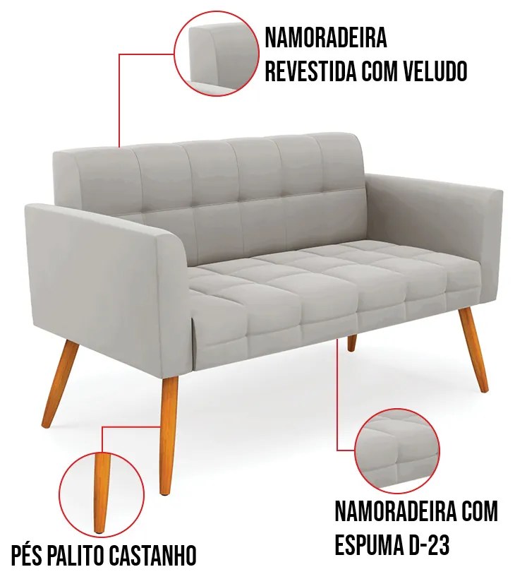 Kit 1 Sofá Namoradeira e 1 Poltrona Elisa Veludo Pés Palito Castanho D03 - D'Rossi - Cinza