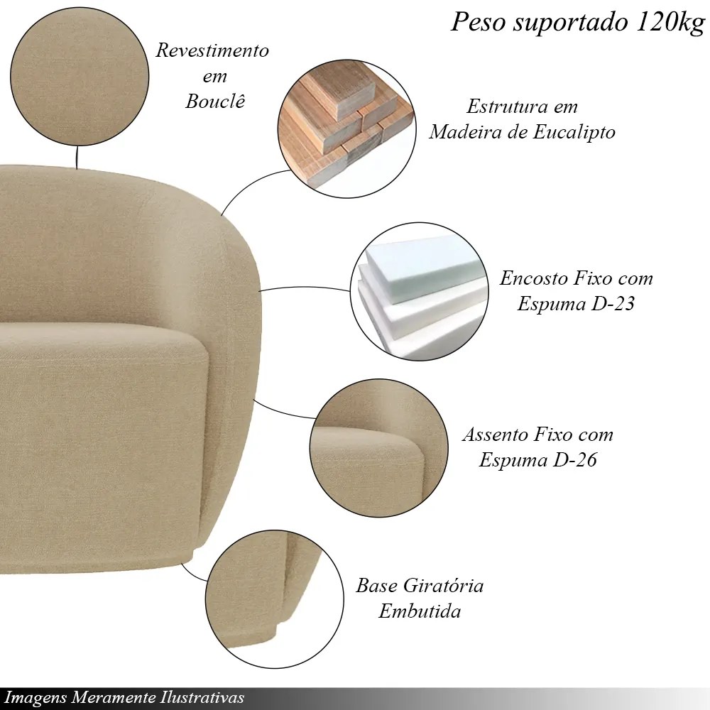 Conjunto 1 Sofá Living 180cm e 1 Poltrona Decorativa Sala de Estar Íbis Encosto Fixo Bouclê Bege G33 - Gran Belo