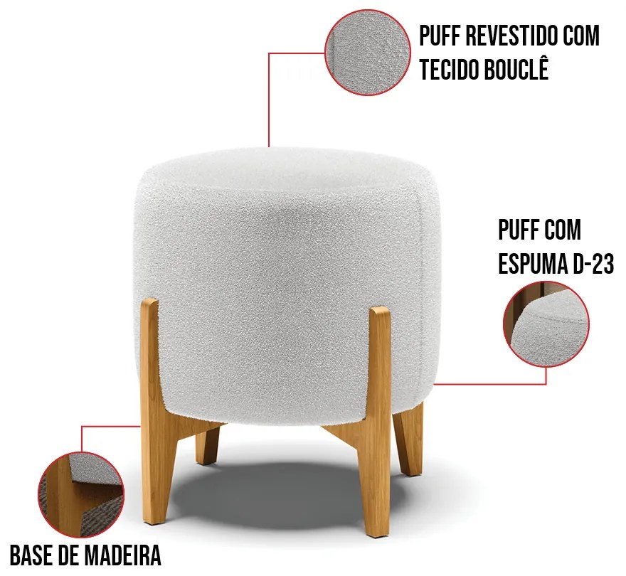 Poltrona e Puff Decorativo Base Madeira Stella PU Nozes/Bouclê D03 - D'Rossi - Off White