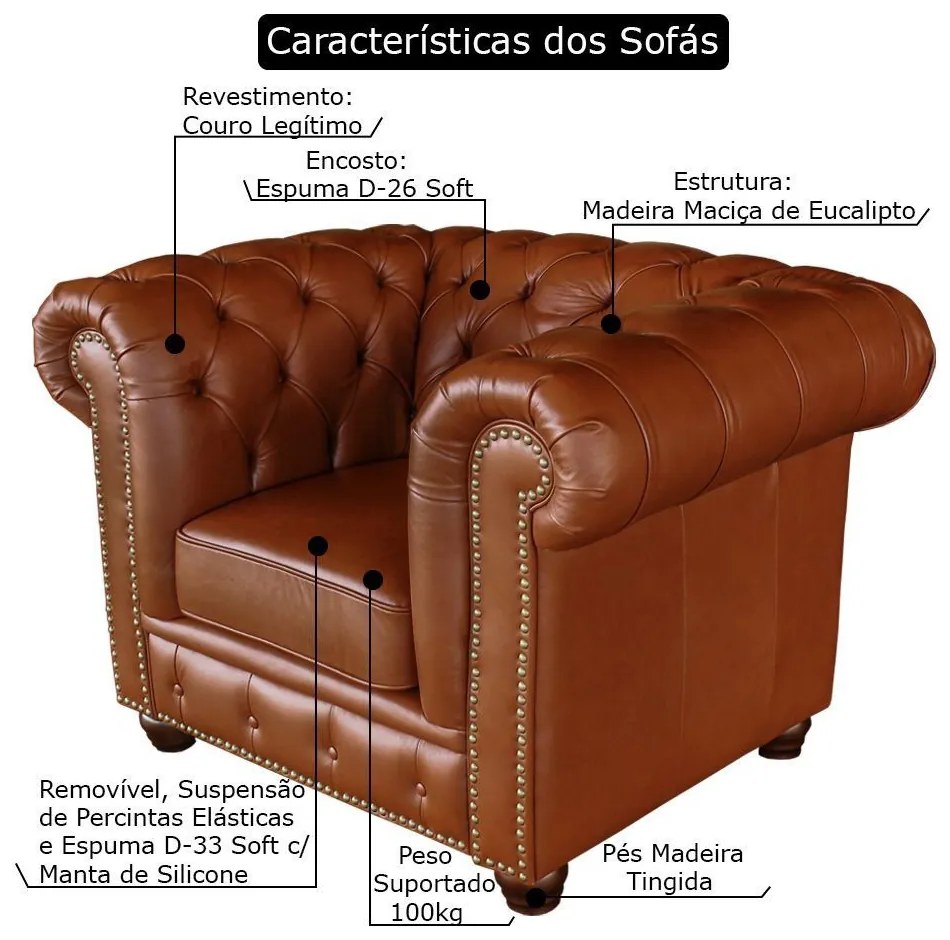 Conjunto de Sofás Sala de Estar Chesterfield Pés Madeira Couro Conhaque Brilho G40 - Gran Belo