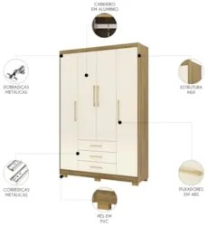 Guarda Roupa Solteiro 150cm 4 Portas Espanha Nature/Champanhe - Vila R