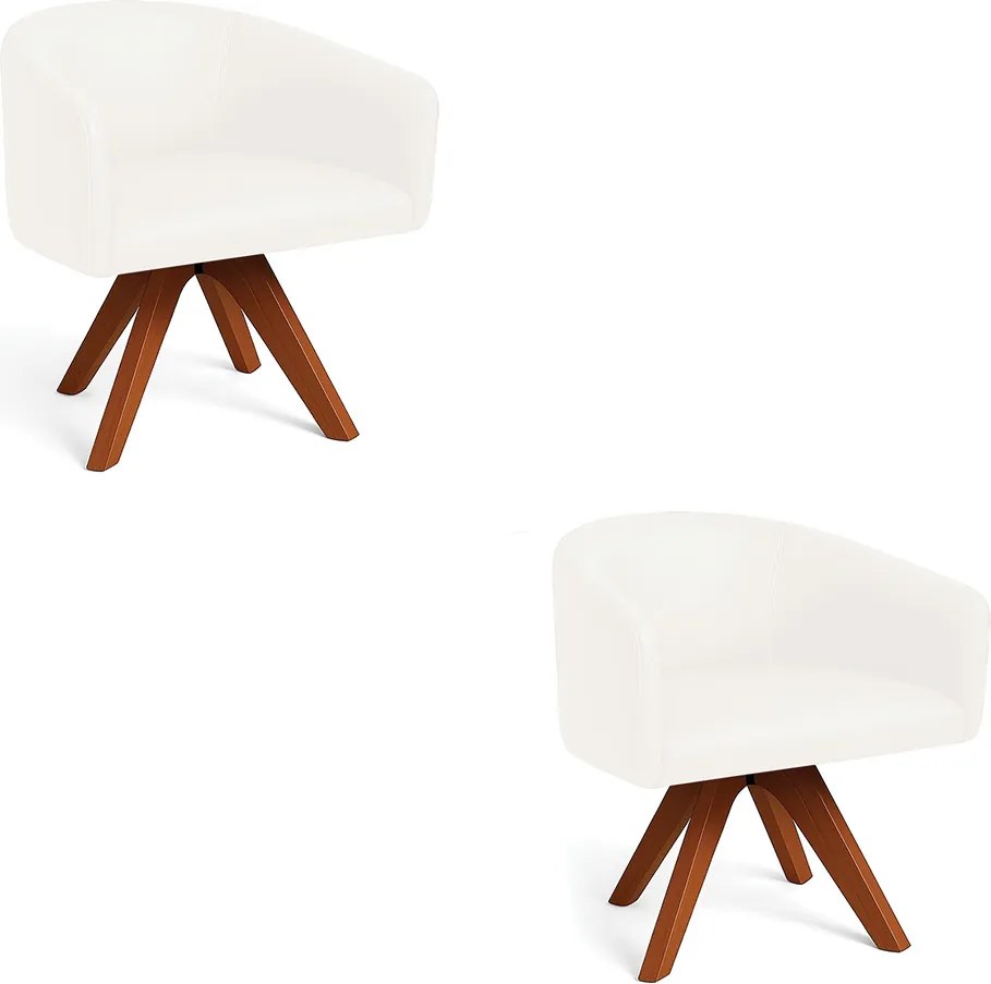 Poltrona Sala Base Giratória Madeira Kit 2 Arielle Sintético Pu D03 - D'Rossi - Branco