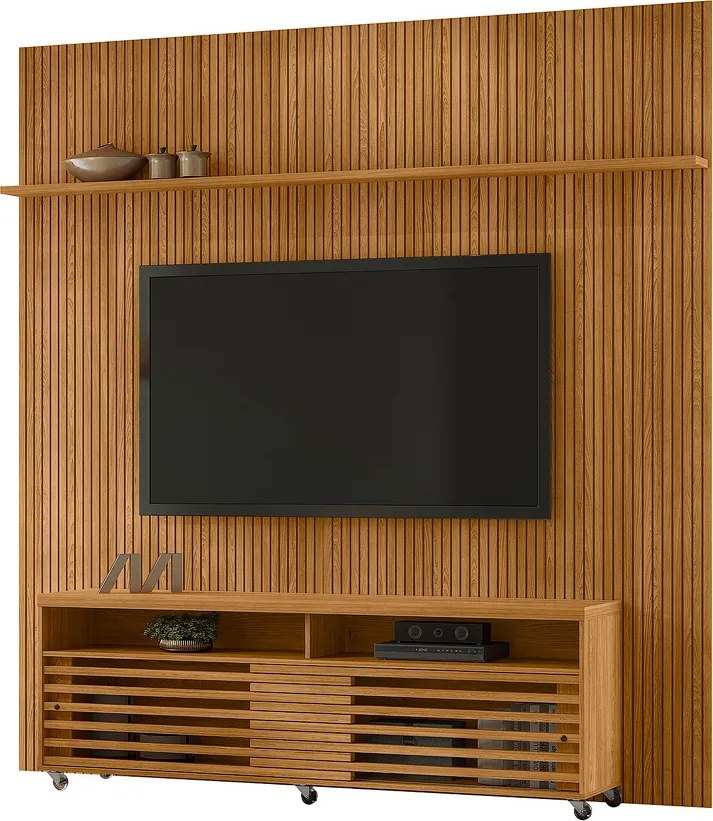Painel TV 75 Pol 238cm Ripado Kalven com Rack Bancada Nerion M20 - D'Rossi - Cumaru(fosco)