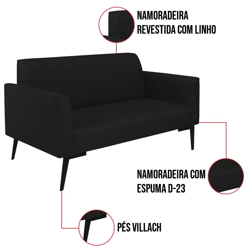Sofá Namoradeira com 2 Poltronas Pés Villach Marisa Linho D03 - D'Rossi - A79 Preto