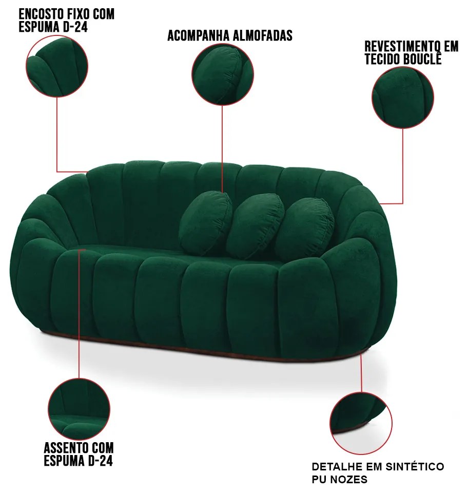 Sofá 2 Lugares com Puff e Poltrona Giratória Orgânica Cloud Bouclê E03 - D'Rossi - Verde