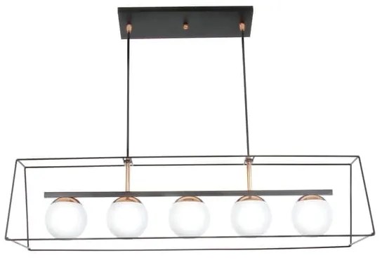 Pendente Retangular Aramado Com Globinho 960X25X23Cm 5 X G9 Metal E Gl... (GRAFITE / CROMADO)