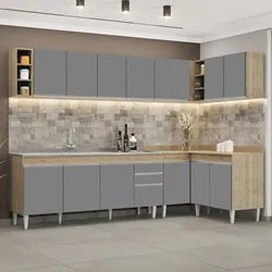 Armário de Cozinha Modulado de Canto 7 Peças CP36 com Pia Inox Castanh
