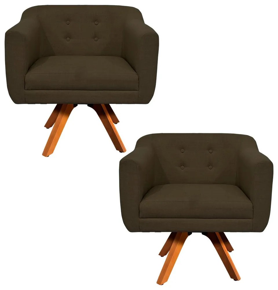 Kit 02 Poltronas Giratória Julia Linho Base Madeira MM30 D01 - D'Rossi - Marrom A78