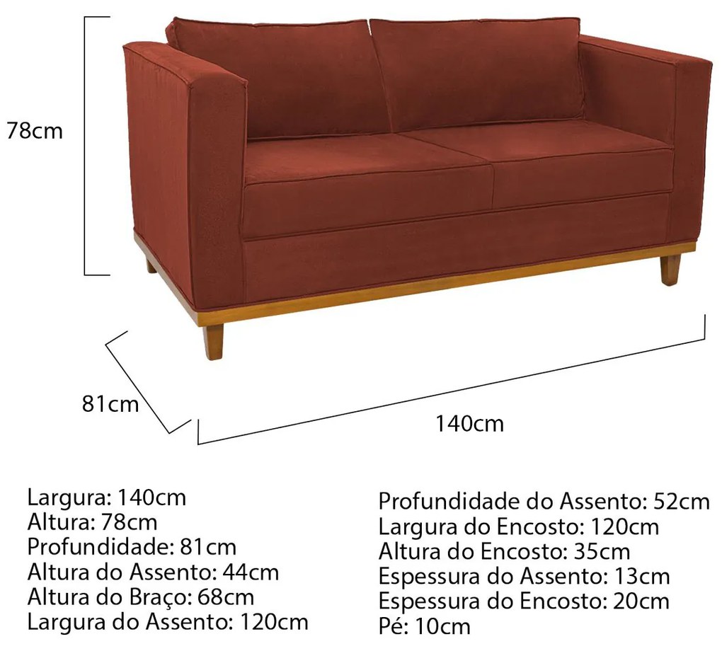 Sofá 2 Lugares Europa Suede Terracota ADJ Decor
