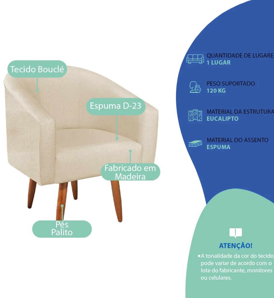 Poltrona Decorativa Jade Design Moderno Sala de Estar Quarto Escritório Confortável Luxo Pés Palito Bouclé