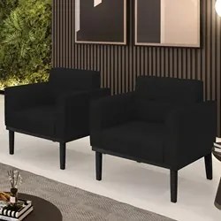 Poltrona Base Madeira Preto Kit 2 Ana Linho Preto - Ibiza