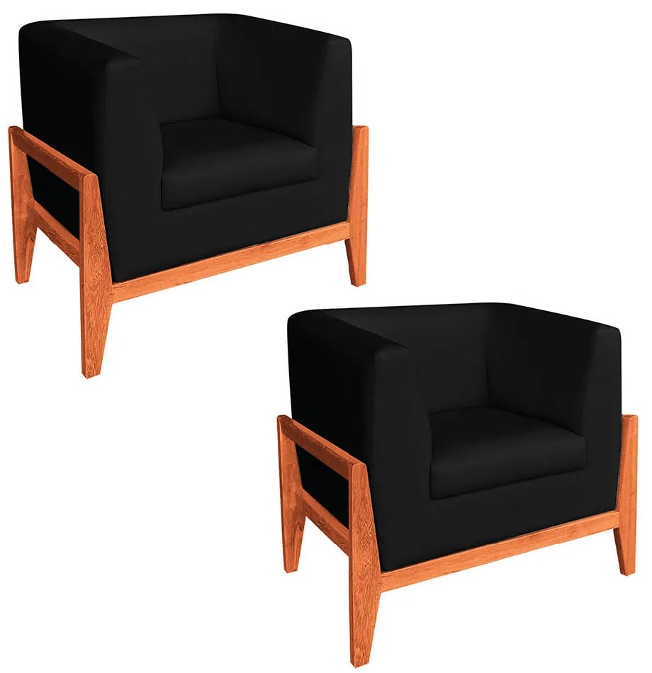 Kit 02 Poltronas Lucy Linho Preto A79 Base Madeira Castanho D'Rossi