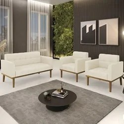 Sofá Namoradeira e 2 Poltronas Base Madeira Castanho Ana Linho Bege -