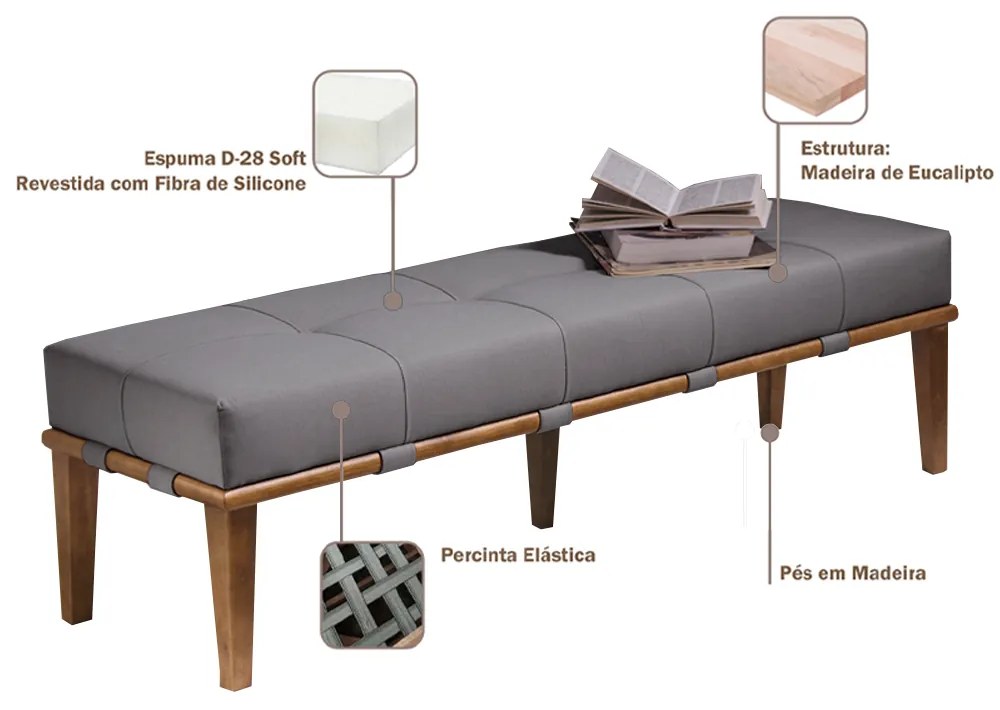 Recamier Decorativo 160cm Martínez Linho Pés Madeira Cinza/Natural G62 - Gran Belo