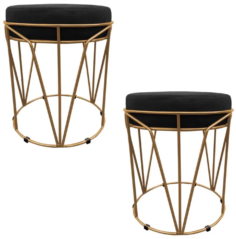 Kit 02 Puffs Babu Suede Preto Base Dourado