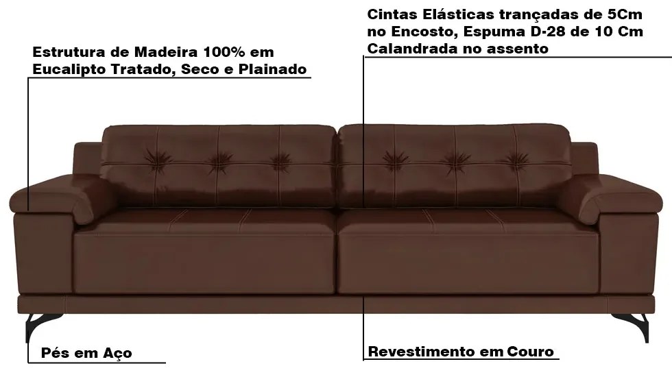 Sofá 255cm Decorativo Sala de Estar Agostino Couro Marrom G52 - Gran Belo