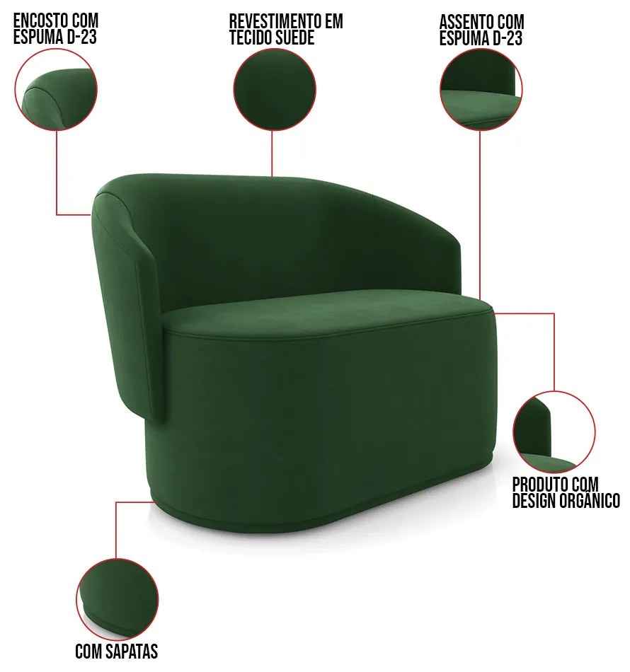 Sofá Namoradeira com Poltrona e Puff Orgânico Sala Malu Suede M11 - D'Rossi - Verde