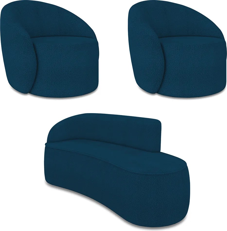 Sofá 3 Lugares Orgânico 180cm Morgan e 2 Poltronas Lua Bouclê Azul D03 - D'Rossi