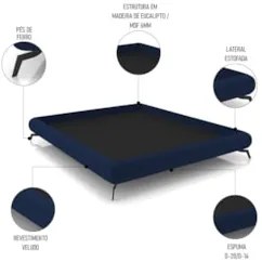 Cama Queen Base Box 158x198cm Pés de Ferro Cold Z37 Veludo Azul - Mpoz