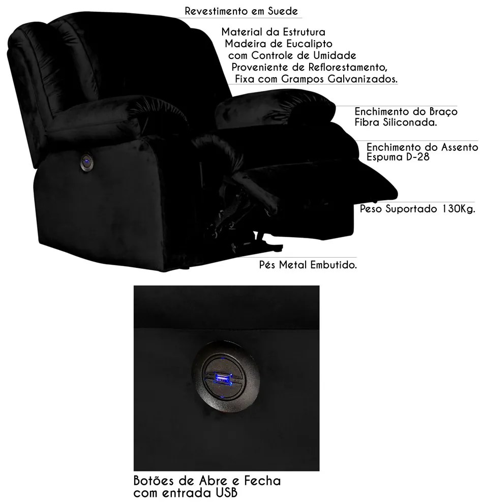 Poltrona do Papai Reclinável Elétrica com Entrada USB Magnum Veludo Preto G23 - Gran Belo