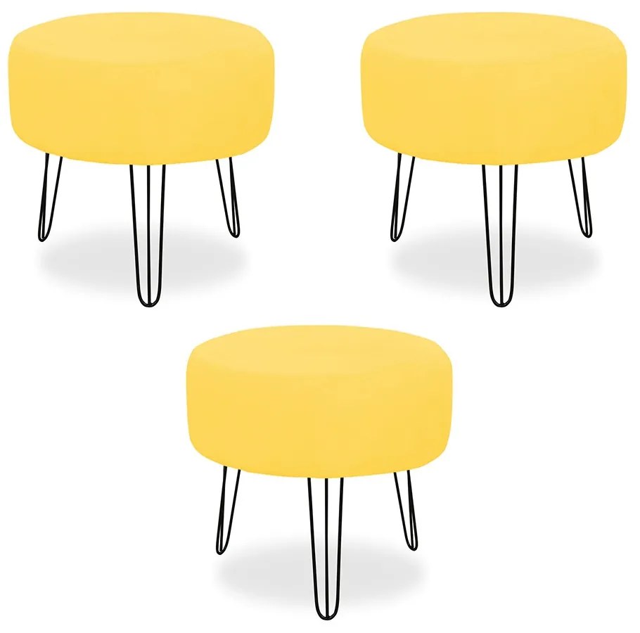 Kit 03 Puffs Redondos para Sala Chloe Suede Amarelo