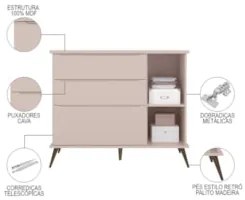 Cômoda Infantil 1 Porta 3 Gavetas 100% MDF Pés Retrô Mel Z39 Rosê - Mp