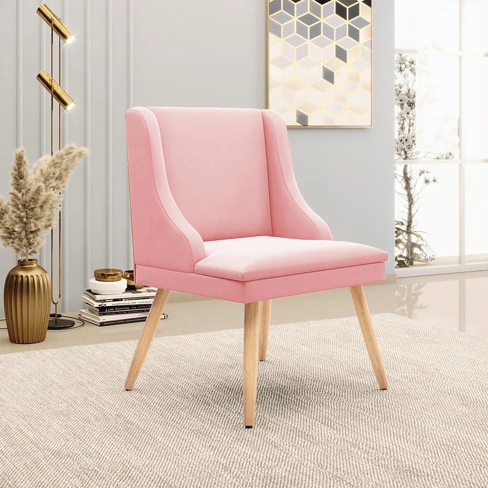 Kit 10 Cadeiras de Jantar Liz Suede Rosa Bebê Pés Palito Natural D03 - D'Rossi