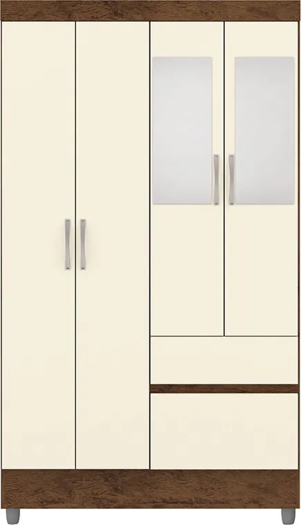 Guarda Roupa Solteiro Abruzzo 4 Portas de Bater 2 com Espelhos 2 Gavetas Nogueira/OffWhite G98 - Gran Belo