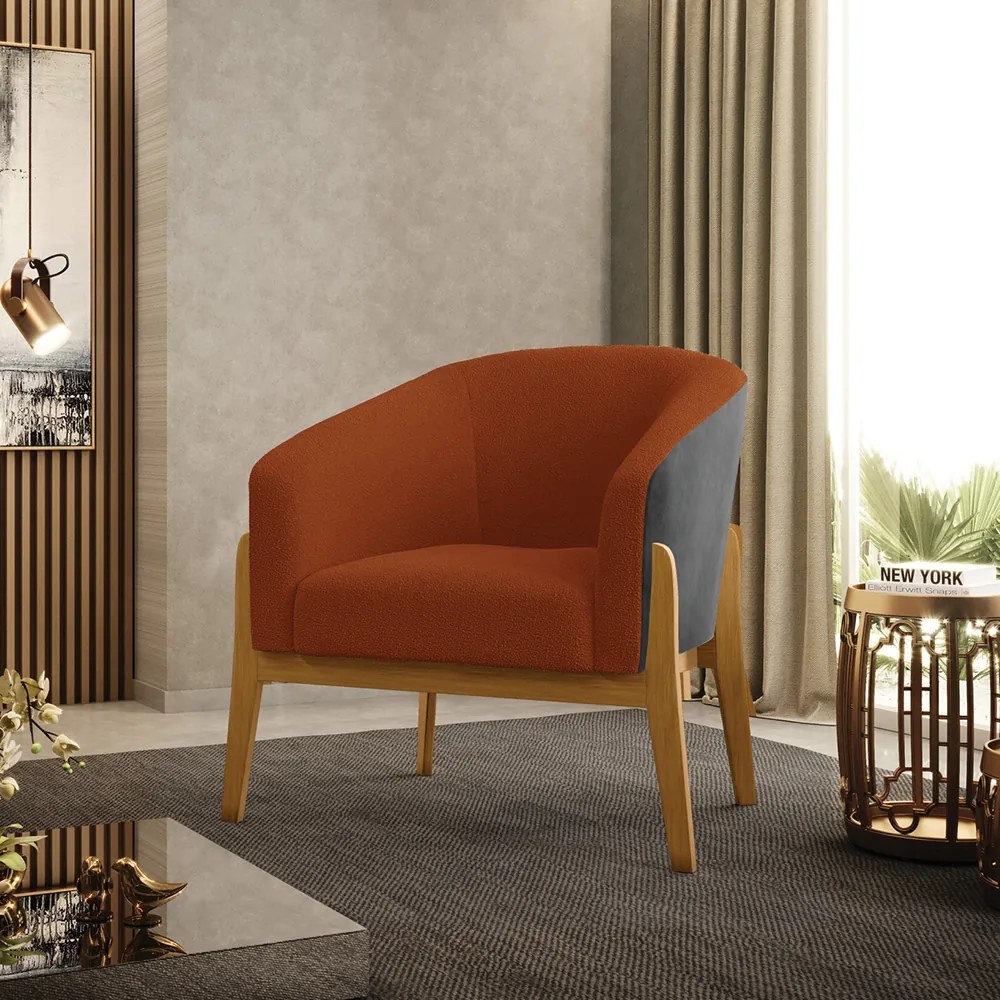 Poltrona Decorativa Base Madeira Stella PU Preto/Bouclê D03 - D'Rossi - Terra