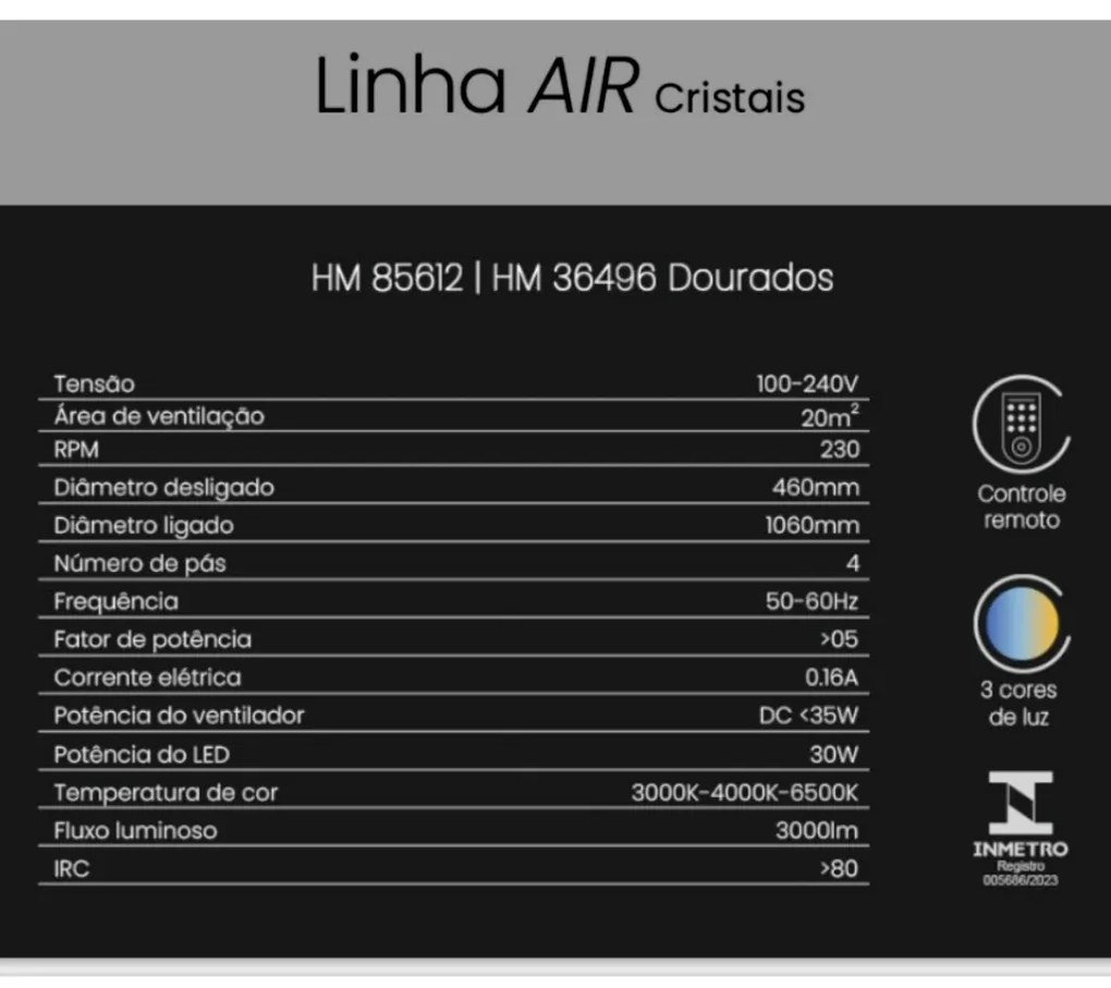 Ventilador De Teto Air Cristal Dourado Pás Retrátil Led 30W Multicolor...