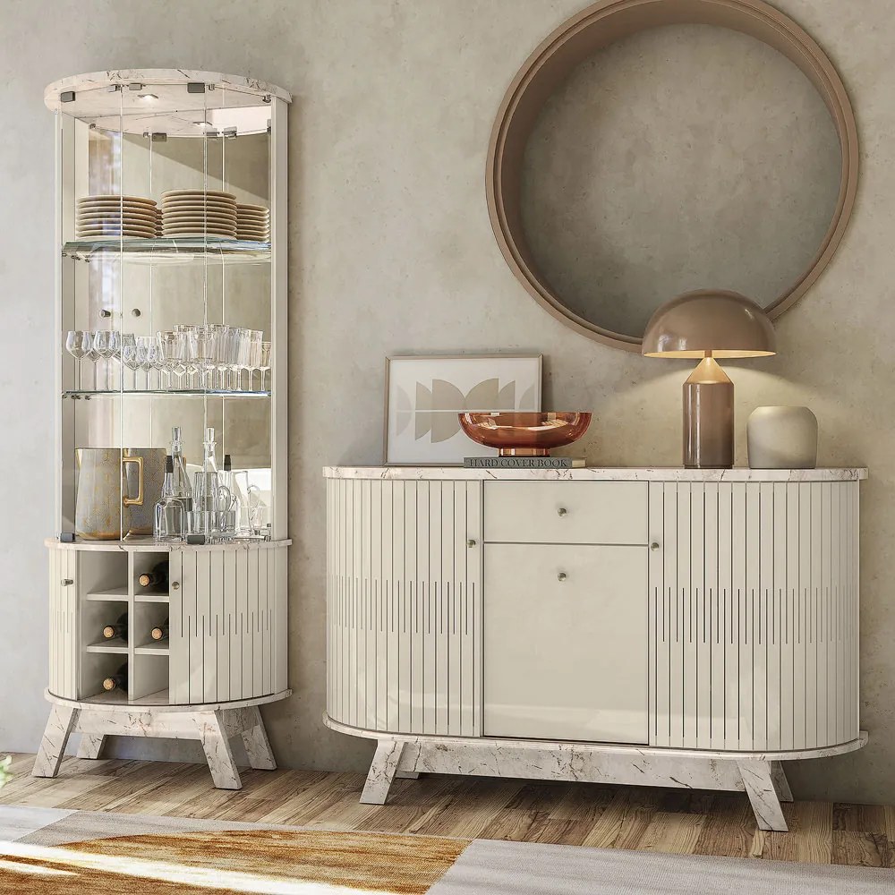 Conjunto Buffet com Cristaleira Robert/Deker Iluminação Led Gavetas MDP Calacata/OffWhite G97 - Gran Belo