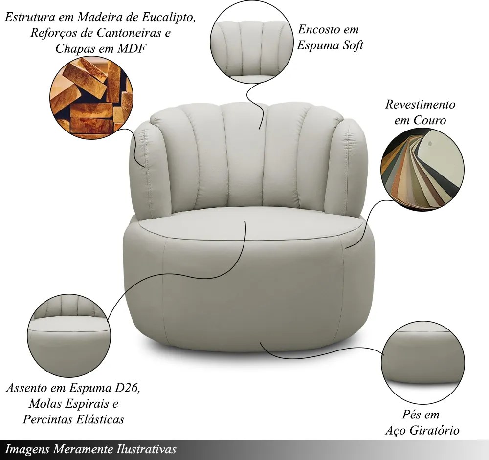 Kit 2 Poltronas Decorativas Mariele Sala de Estar Base Giratória em Aço Couro Off White G88 - Gran Belo