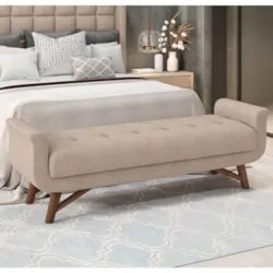 Puff Recamier Calçadeira 195cm Base Madeira Neville Z37 Linho Areia -