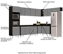 Armário de Cozinha Modulada de Canto 8 Peças CP07 Balcão Preto/Cinza -