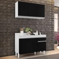 Armário Aéreo Virgínia e Balcão com Tampo 120cm Arizona Branco/Preto -