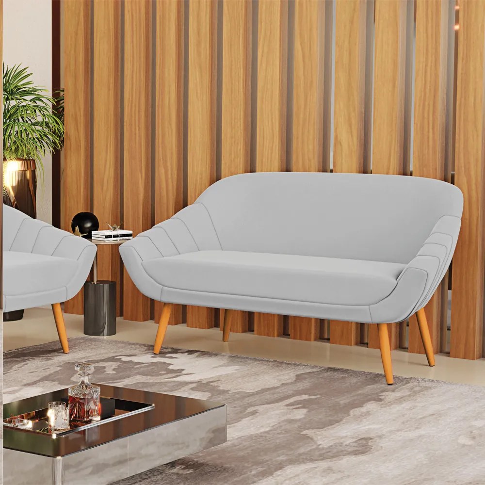 Kit 01 Namoradeira 02 Lugares e 01 Poltrona Giovana Suede Cinza Pés Palito Castanho - Indo Decorar