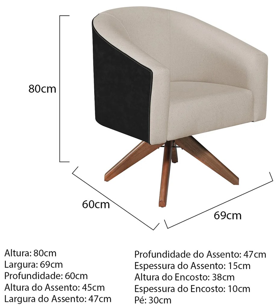 Kit 02 Poltronas Luiza Base Giratória de Madeira Factor Preto e Linho - ADJ Decor
