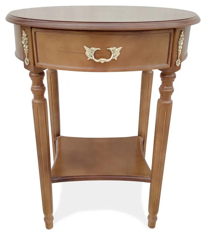 Mesa Lateral Pisa Oval Pés Torneados Design com Gaveta e Prateleira Estrutura Madeira Maciça Apliques em Metal