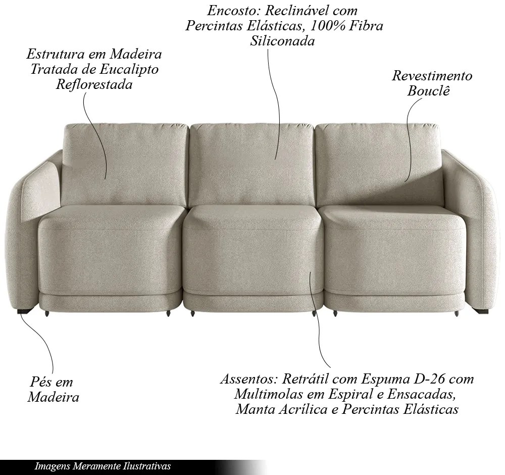 Sofá Cama Modulado Retrátil e Reclinável Decorativo Varsóvia 246cm Bouclê Bege G33 - Gran Belo