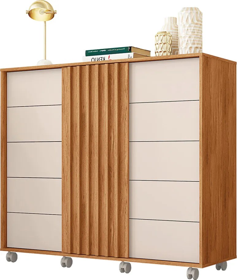 Cômoda Ripado Tulia 136cm 2 Portas 5 Gavetas MDP Freijo/OffWhite G11 - Gran Belo