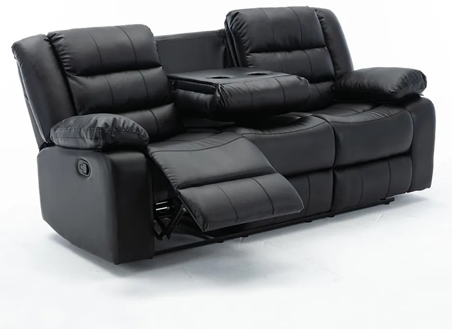 Poltrona Reclinável Sala de Cinema 3 Lugares Hollywood Manual Massagem Aquecimento Porta Copos PU G94 - Gran Belo - Preto