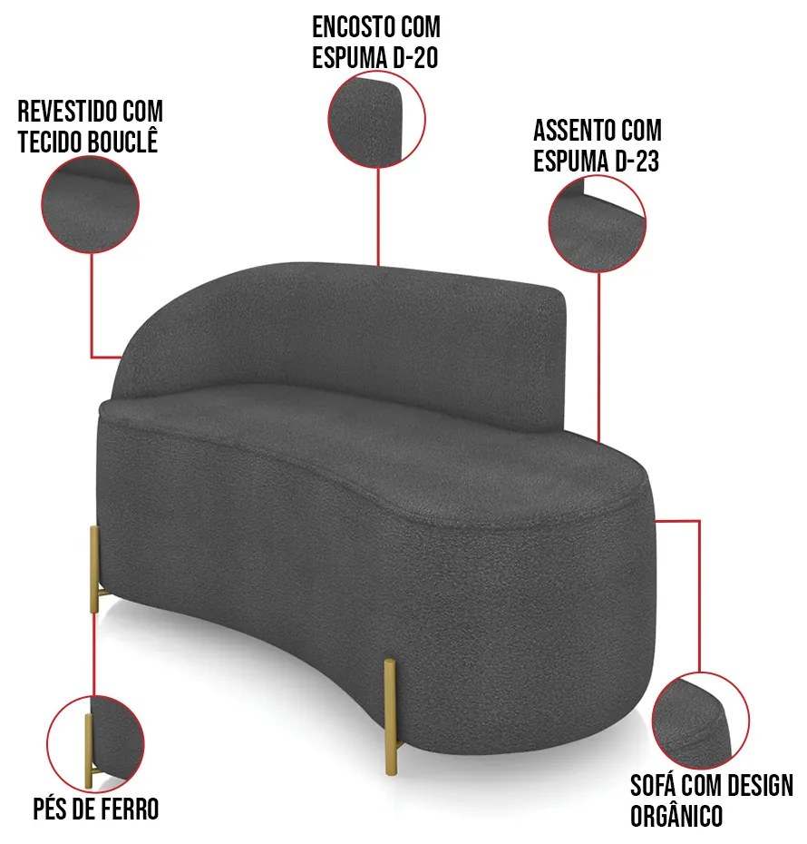 Sofá 2 Lugares Orgânico 140cm Pé Aço Lateral Dourado Morgan Bouclê D03 - D'Rossi  - Grafite