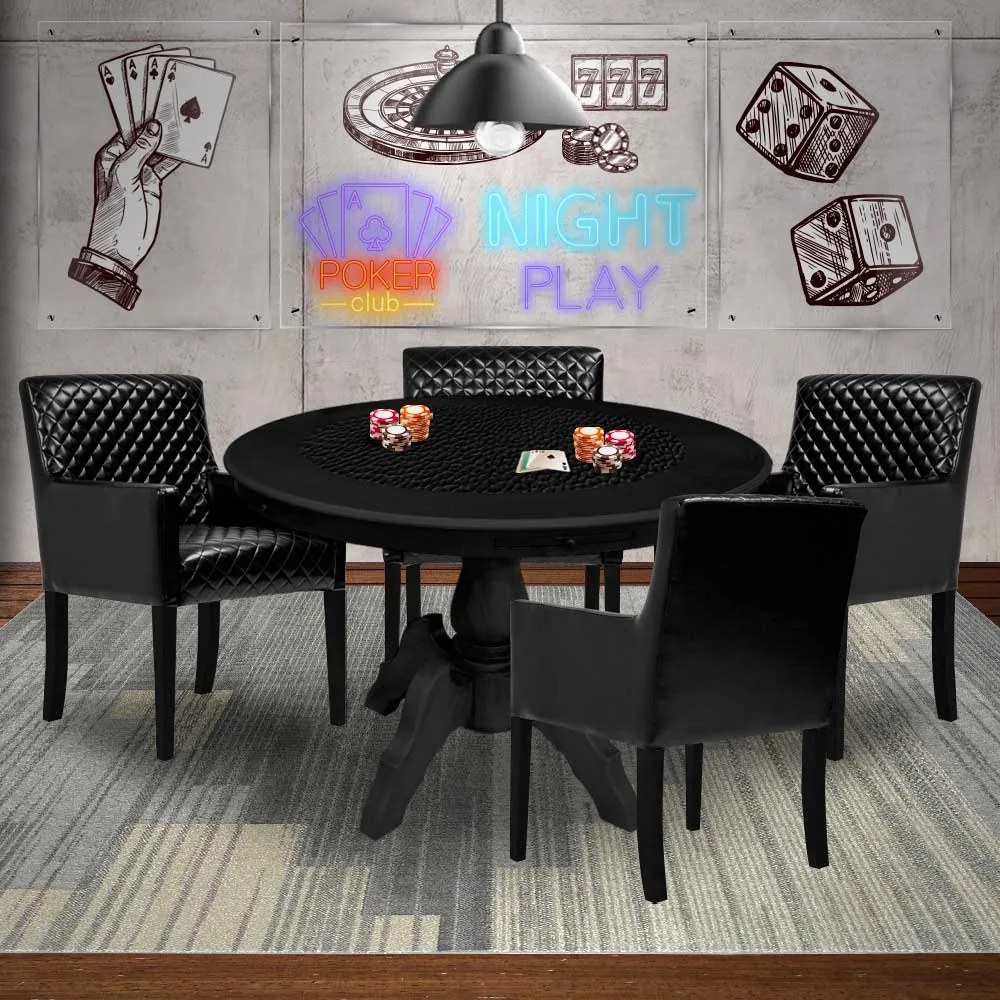 Mesa de Jogos Carteado Montreal Redonda Tampo Reversível Preto com 4 Cadeiras Liverpool PU Sintético Preto Matelassê G36 G15 - Gran Belo
