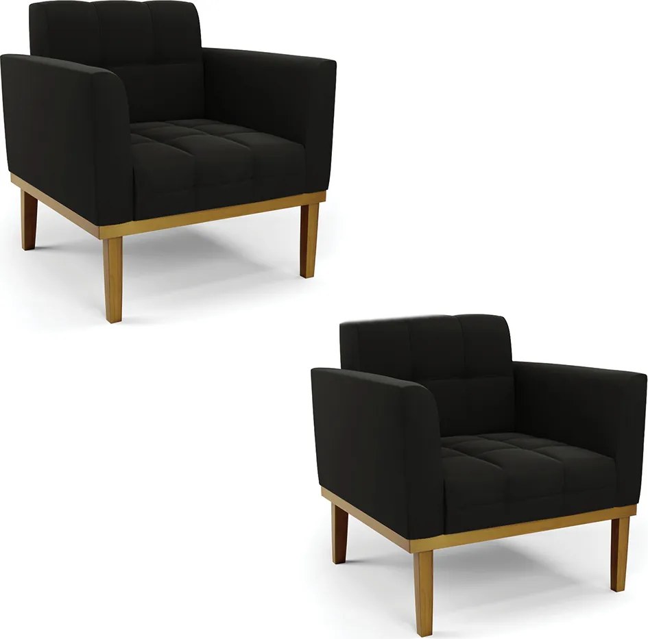 Kit 2 Poltronas Decorativas Karen Pés Fixo em Madeira Castanho Suede Preto G19 - Gran Belo